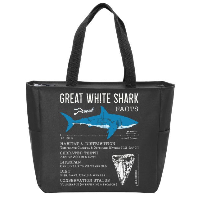 Great White Shark Facts Educational Shark Lover Sharks Tooth Zip Tote Bag