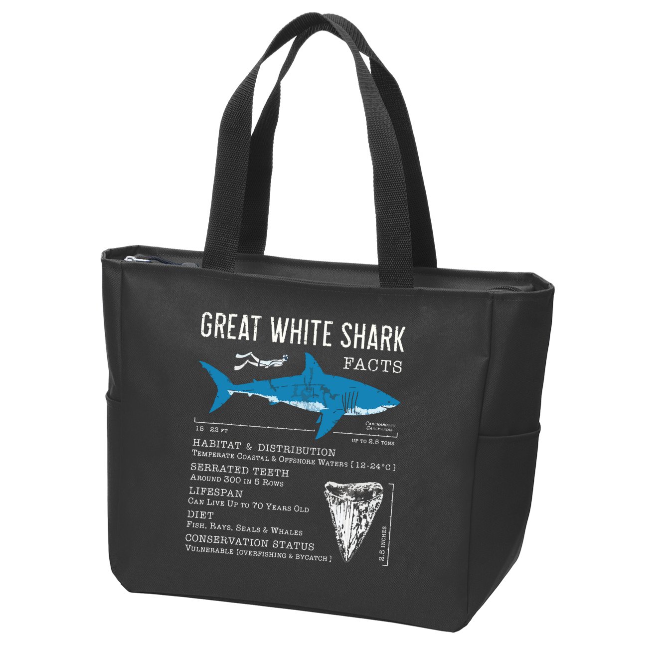 Great White Shark Facts Educational Shark Lover Sharks Tooth Zip Tote Bag