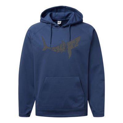 Great White Shark Vintage Design Great White Shark Print Performance Fleece Hoodie