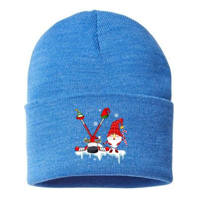 Gnome With Santa Elf Reindeer Hockey Tools Xmas Player Cute Gift Sustainable Knit Beanie