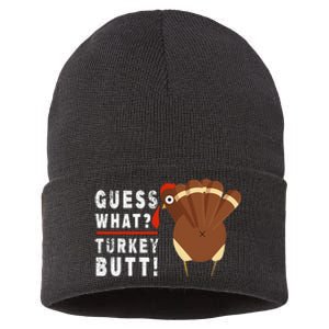 Guess What Turkey Pilgrim Funny Thanksgiving Sustainable Knit Beanie