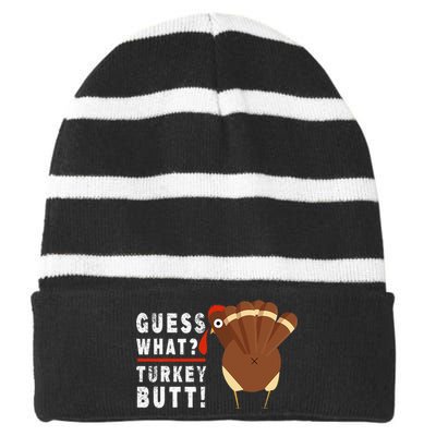 Guess What Turkey Pilgrim Funny Thanksgiving Striped Beanie with Solid Band