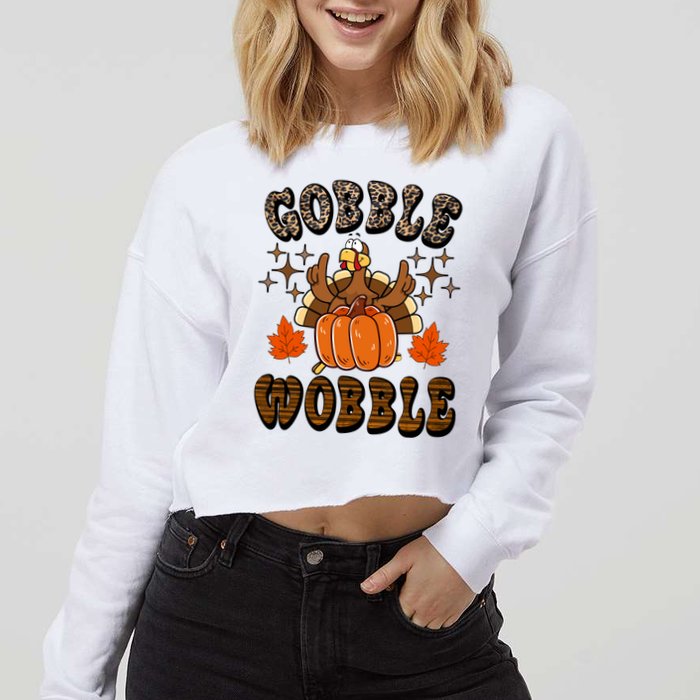 Gooble Wobble Turkey Thanksgiving Holiday Cheetah Cropped Pullover Crew