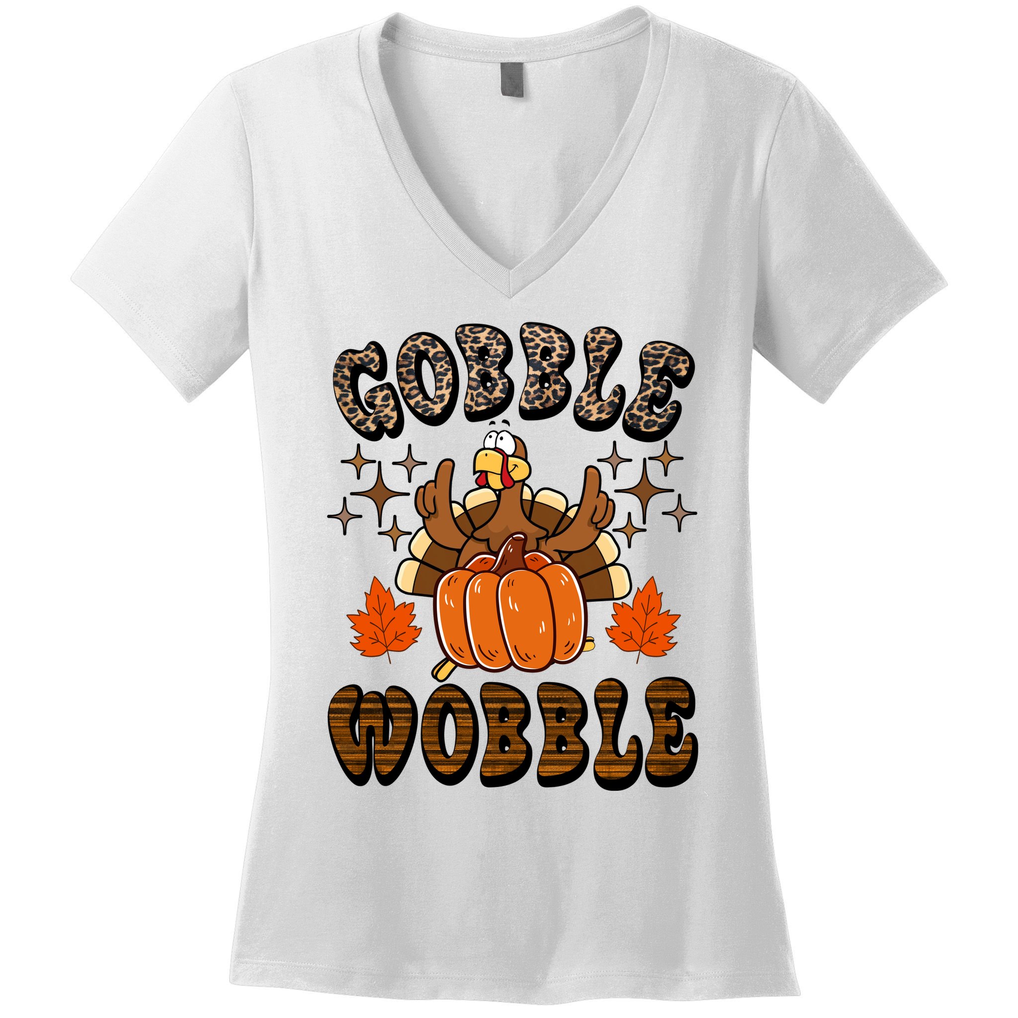 Gooble Wobble Turkey Thanksgiving Holiday Cheetah Women's V-Neck T-Shirt