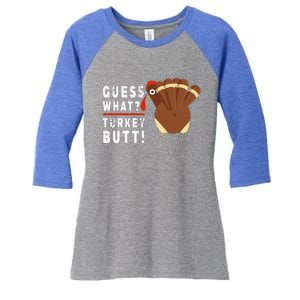 Guess What Turkey Pilgrim Funny Thanksgiving Women's Tri-Blend 3/4-Sleeve Raglan Shirt