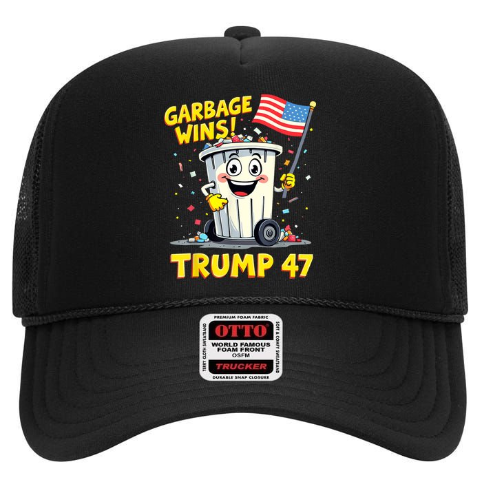 Garbage Wins Trump 47 Team Garbage For Trump 2024 Elections High Crown Mesh Back Trucker Hat