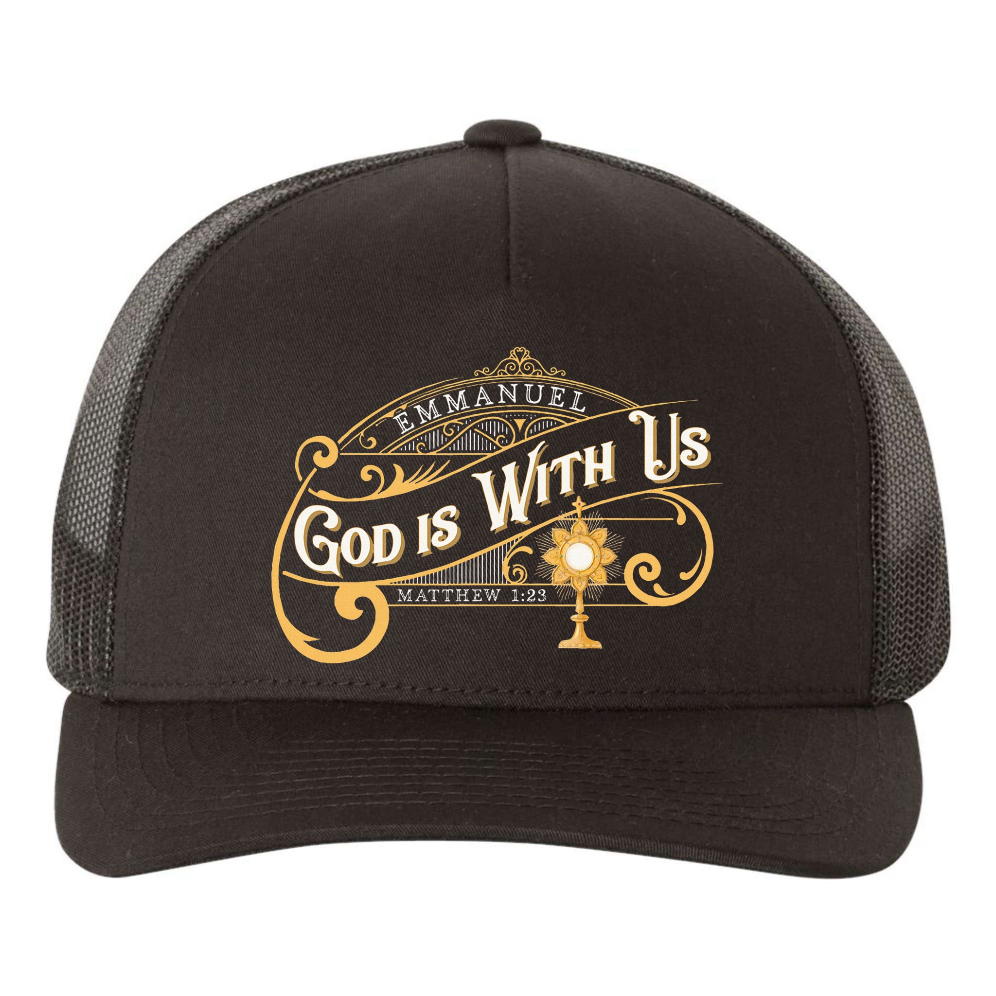 God With Us Emmanuel Matthew Eucharist Adoration Catholic Yupoong Adult 5-Panel Trucker Hat