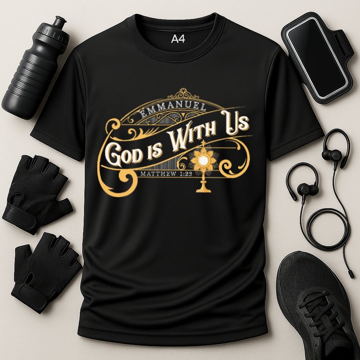 God With Us Emmanuel Matthew Eucharist Adoration Catholic Cooling Performance Crew T-Shirt
