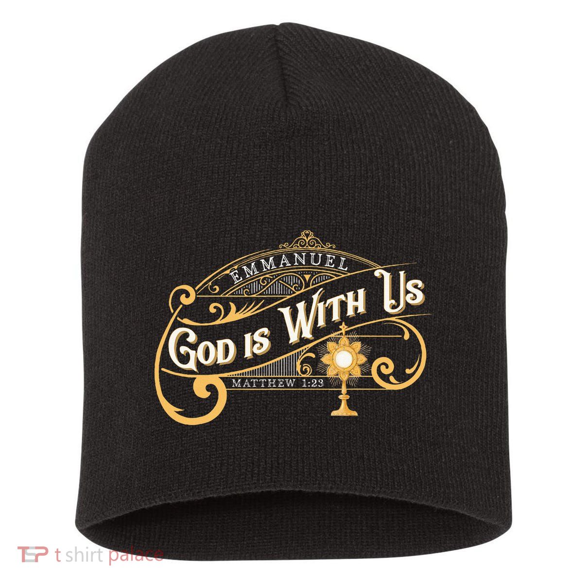 God With Us Emmanuel Matthew Eucharist Adoration Catholic Short Acrylic Beanie