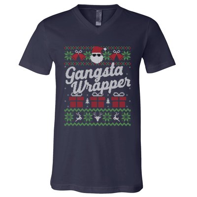 Gansta Wrapper Ugly Christmas Sweater Funny Santa V-Neck T-Shirt