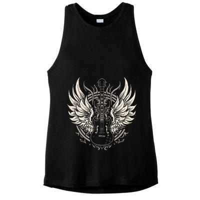 Guitar Wings Vintage Retro 80s Rock Roll Music Ladies PosiCharge Tri-Blend Wicking Tank