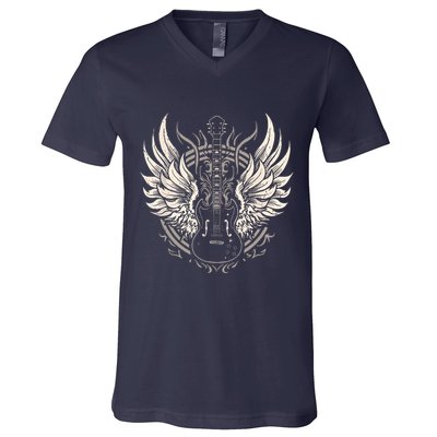 Guitar Wings Vintage Retro 80s Rock Roll Music V-Neck T-Shirt