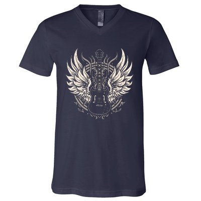 Guitar Wings Vintage Retro 80s Rock Roll Music V-Neck T-Shirt