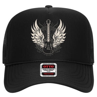 Guitar Wings Vintage Retro 80s Rock & Roll Music High Crown Mesh Back Trucker Hat