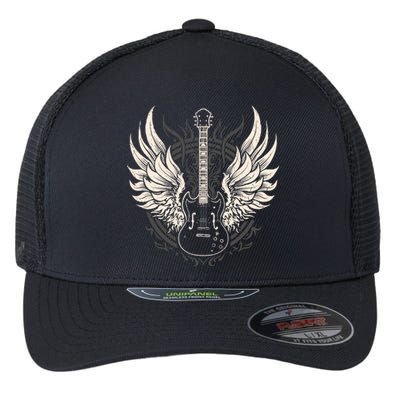 Guitar Wings Vintage Retro 80s Rock & Roll Music Flexfit Unipanel Trucker Cap