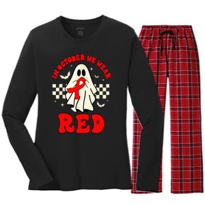 Ghost We Wear Red For Red Ribbon Week Awareness Women's Long Sleeve Flannel Pajama Set 