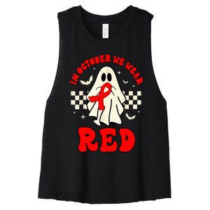 Ghost We Wear Red For Red Ribbon Week Awareness Women's Racerback Cropped Tank