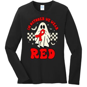 Ghost We Wear Red For Red Ribbon Week Awareness Ladies Long Sleeve Shirt