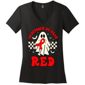 Ghost We Wear Red For Red Ribbon Week Awareness Women's V-Neck T-Shirt