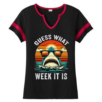 Guess What Week It Is Funny Shark Awareness Support Summer Ladies Halftime Notch Neck Tee