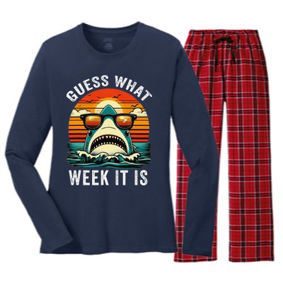 Guess What Week It Is Funny Shark Awareness Support Summer Women's Long Sleeve Flannel Pajama Set 