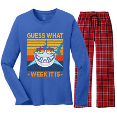 Guess What Week It Is Funny Shark Vintage Women's Long Sleeve Flannel Pajama Set 