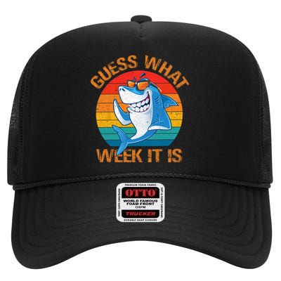 Guess What Week It Is Funny Shark Gifts Men Women High Crown Mesh Back Trucker Hat