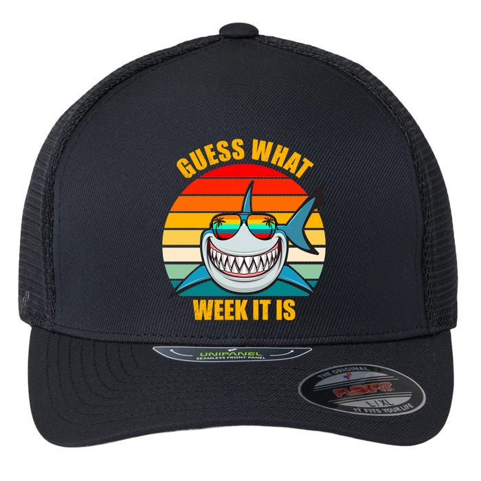 Guess What Week It Is Retro Shark Week Flexfit Unipanel Trucker Cap
