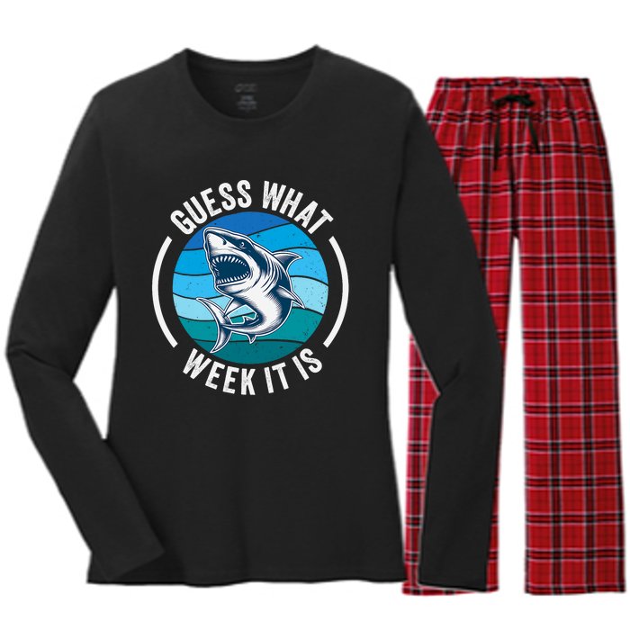 Guess What Week It Is Funny Shark Joke Retro Vintage Ocean Women's Long Sleeve Flannel Pajama Set 