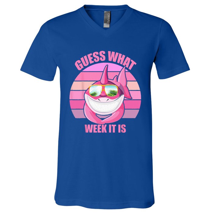 Guess What Week It Is Funny Pink Shark V-Neck T-Shirt