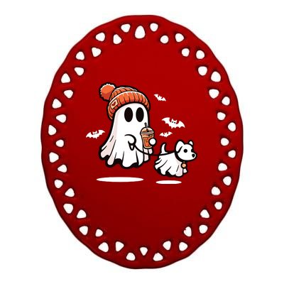 Ghost With Walking Dog Halloween Ceramic Oval Ornament