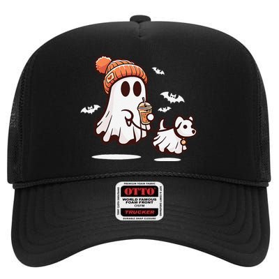 Ghost With Walking Dog Halloween Gift High Crown Mesh Back Trucker Hat