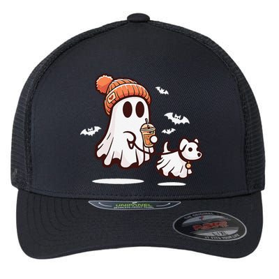 Ghost With Walking Dog Halloween Gift Flexfit Unipanel Trucker Cap