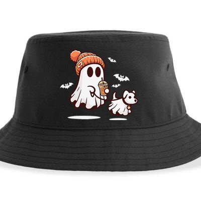 Ghost With Walking Dog Halloween Gift Sustainable Bucket Hat