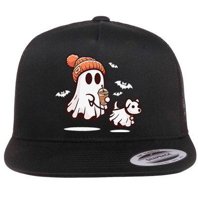 Ghost With Walking Dog Halloween Gift Flat Bill Trucker Hat