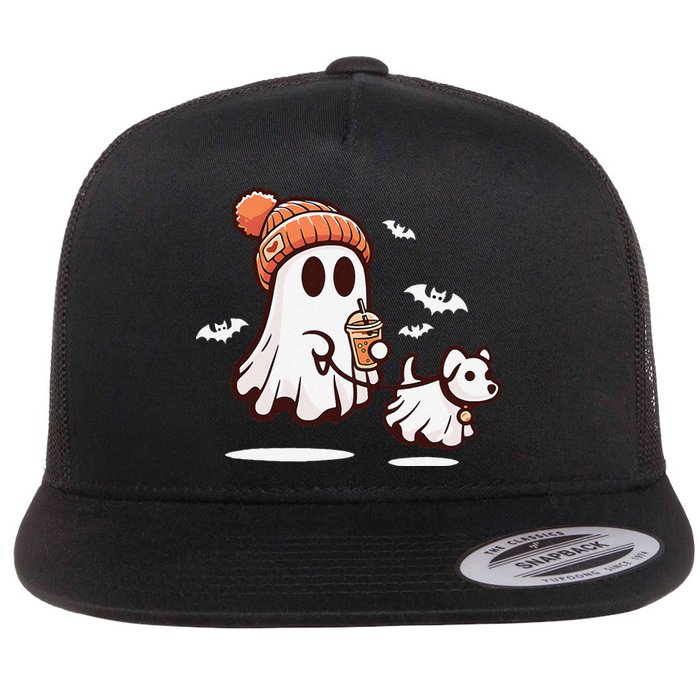 Ghost With Walking Dog Halloween Gift Flat Bill Trucker Hat