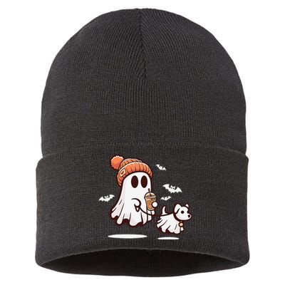 Ghost With Walking Dog Halloween Gift Sustainable Knit Beanie