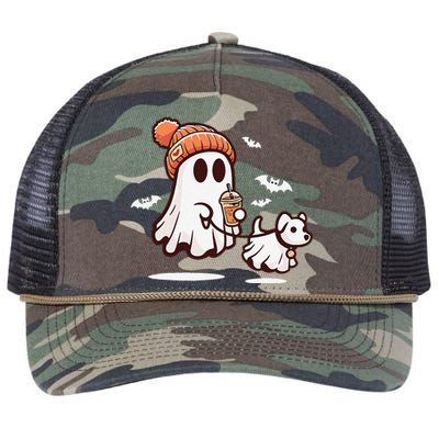 Ghost With Walking Dog Halloween Gift Retro Rope Trucker Hat Cap