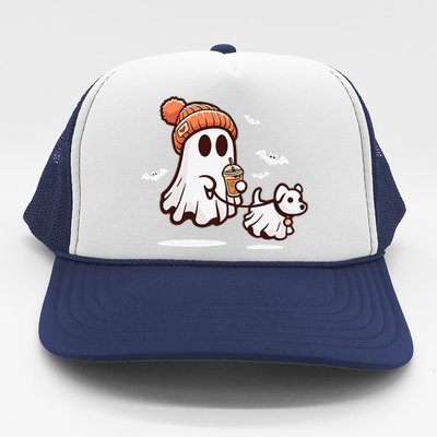 Ghost With Walking Dog Halloween Gift Trucker Hat