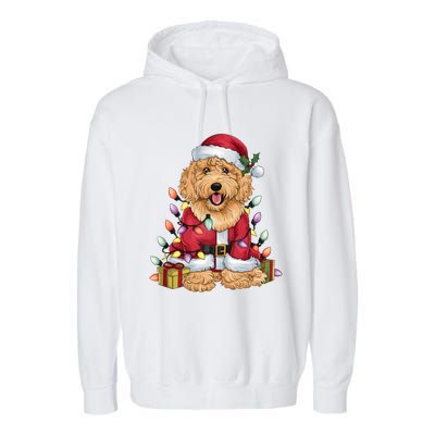 Goldendoodle Xmas Lighting Santa Goldendoodle Dog Christmas Gift Garment-Dyed Fleece Hoodie