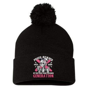 Gen X Proud Member Of The Fuck Your Feelings Skull Girl Pom Pom 12in Knit Beanie