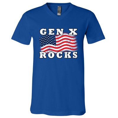 Gen X Rocks American Usa Flag July 4th Fun Retro 80s Vintage Great Gift V-Neck T-Shirt