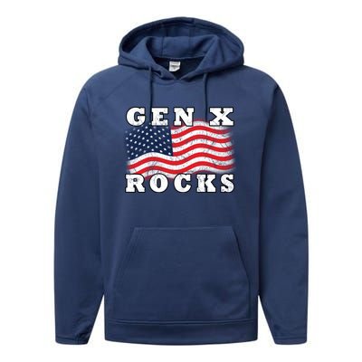 Gen X Rocks American Usa Flag July 4th Fun Retro 80s Vintage Great Gift Performance Fleece Hoodie