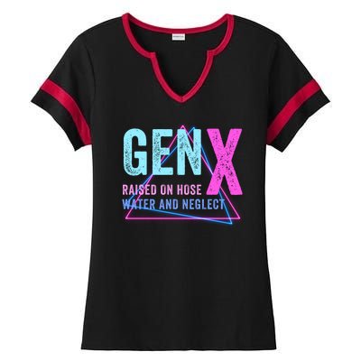 Gen X Raised On Hose Water And Neglect Funny Meme Vintage Generation X Ladies Halftime Notch Neck Tee