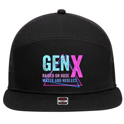 Gen X Raised On Hose Water And Neglect Funny Meme Vintage Generation X 7 Panel Mesh Trucker Snapback Hat