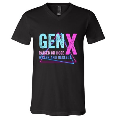 Gen X Raised On Hose Water And Neglect Funny Meme Vintage Generation X V-Neck T-Shirt