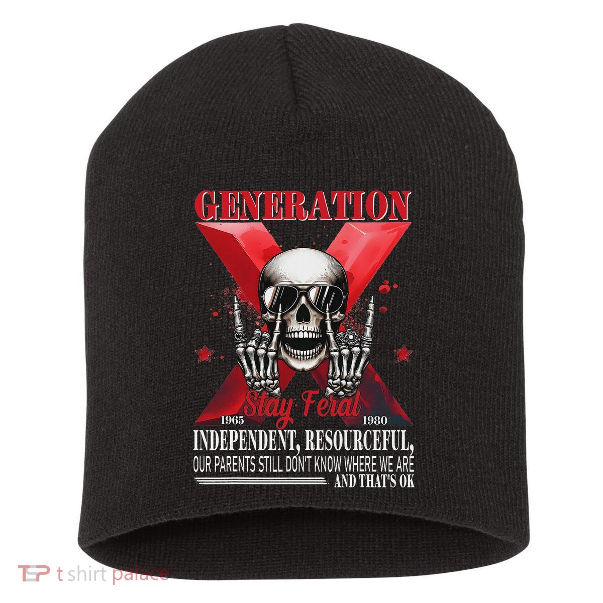 Generation X Stay Feral Funny Skeleton Gen X Humor Short Acrylic Beanie