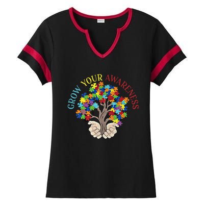 Grow Your Awareness Autism Puzzle Tree Meaningful Gift Ladies Halftime Notch Neck Tee