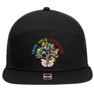 Grow Your Awareness Autism Puzzle Tree Meaningful Gift 7 Panel Mesh Trucker Snapback Hat