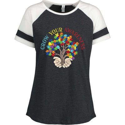 Grow Your Awareness Autism Puzzle Tree Meaningful Gift Enza Ladies Jersey Colorblock Tee